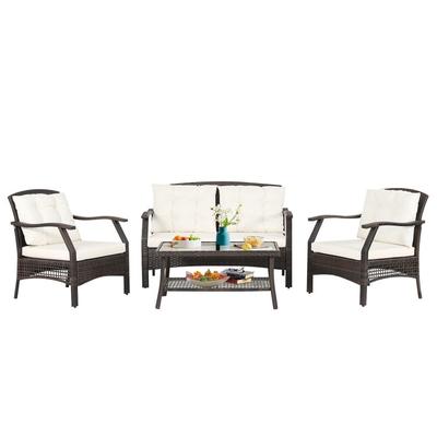 4 Pieces Outdoor Rattan Conversation Set with Protective Cover - 28" x 48" x 32.5"(L x W x H)