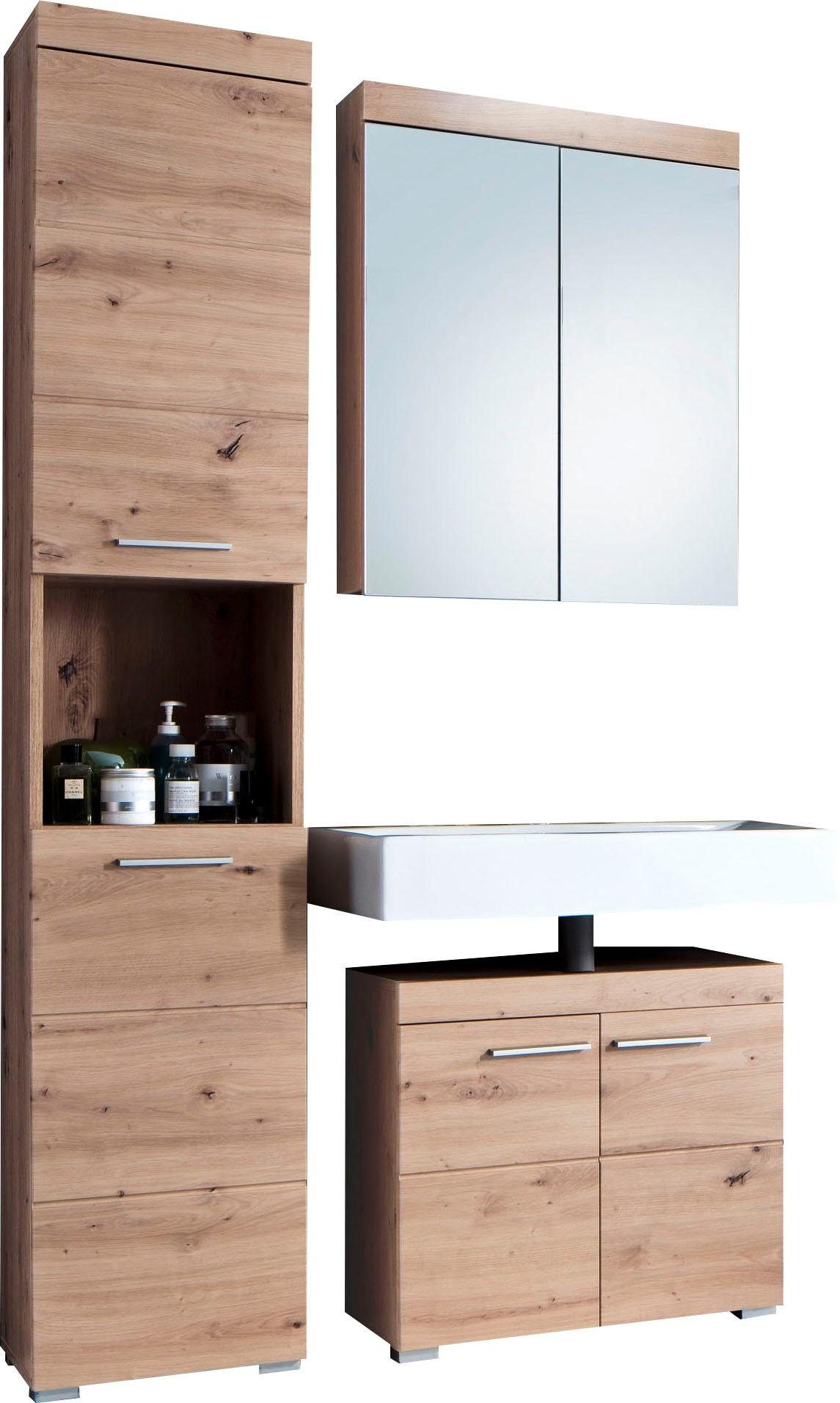 Badmöbel-Set WELLTIME "Avena", braun (asteiche), Holzwerkstoff, Kunststoff, Metall, Kastenmöbel-Sets, Badmöbel-Set, Badmöbel - Hochschrank, Waschbeckenunterschrank und Spiegelschrank