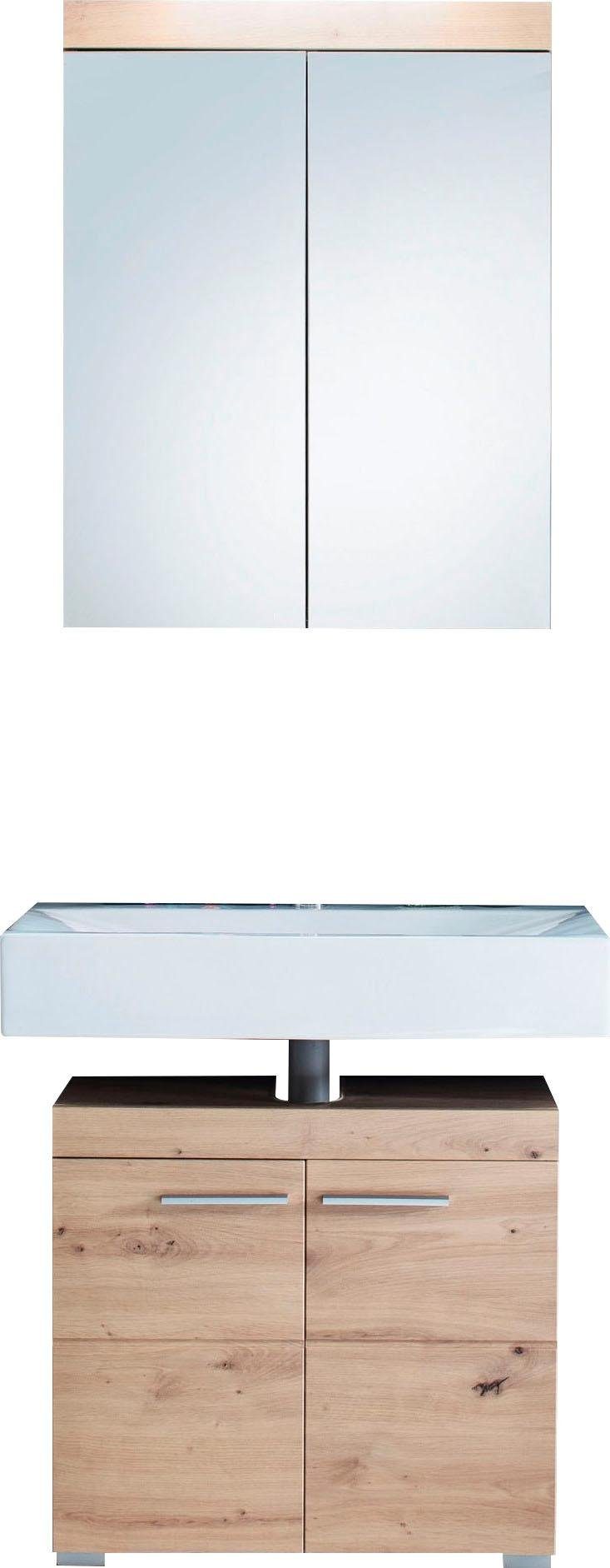 Badmöbel-Set WELLTIME "Avena", braun (asteiche), Holzwerkstoff, Kunststoff, Metall, Kastenmöbel-Sets, Badmöbel-Set, Badezimmermöbel - Waschbeckenunterschrank und Spiegelschrank