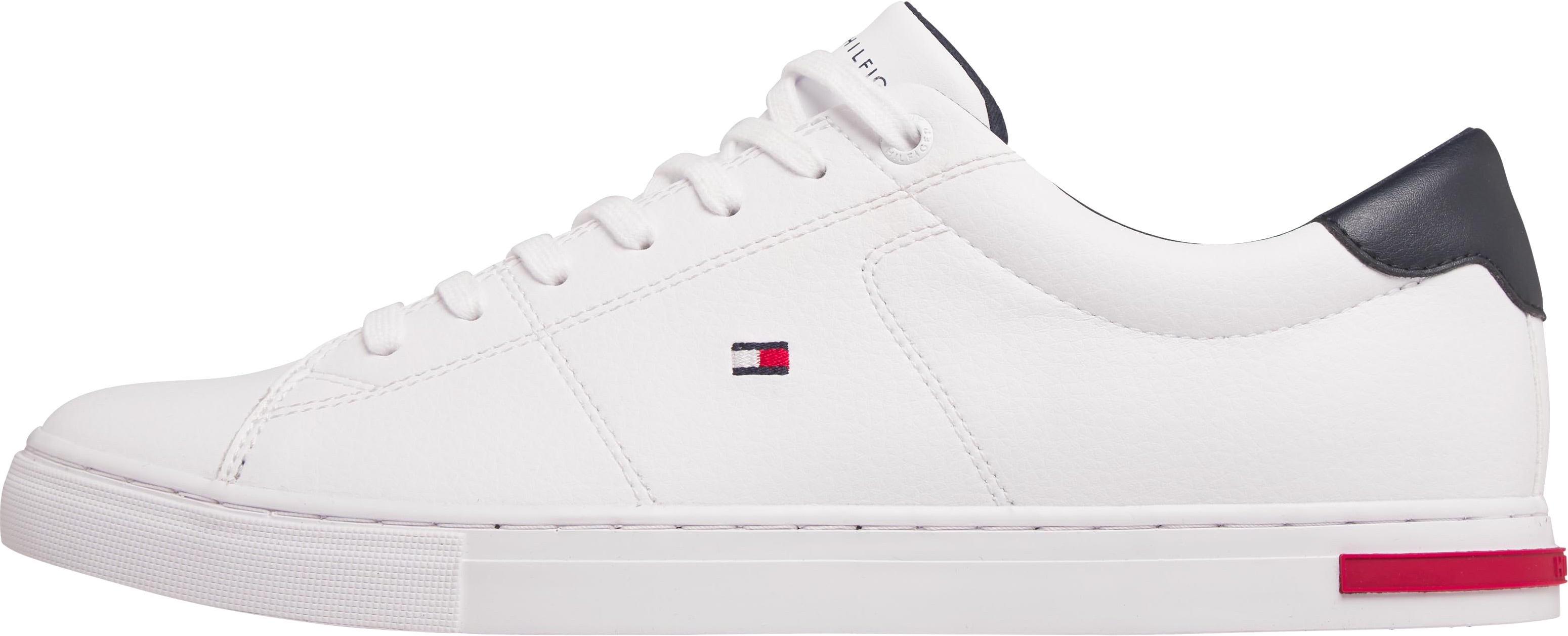 Sneaker TOMMY HILFIGER "ESSENTIAL LEATHER DETAIL VUL", Herren, Gr. 43, weiß, Leder, Schuhe, Freizeitschuh, Halbschuh, Schnürschuh mit gepolstertem Schaftrand