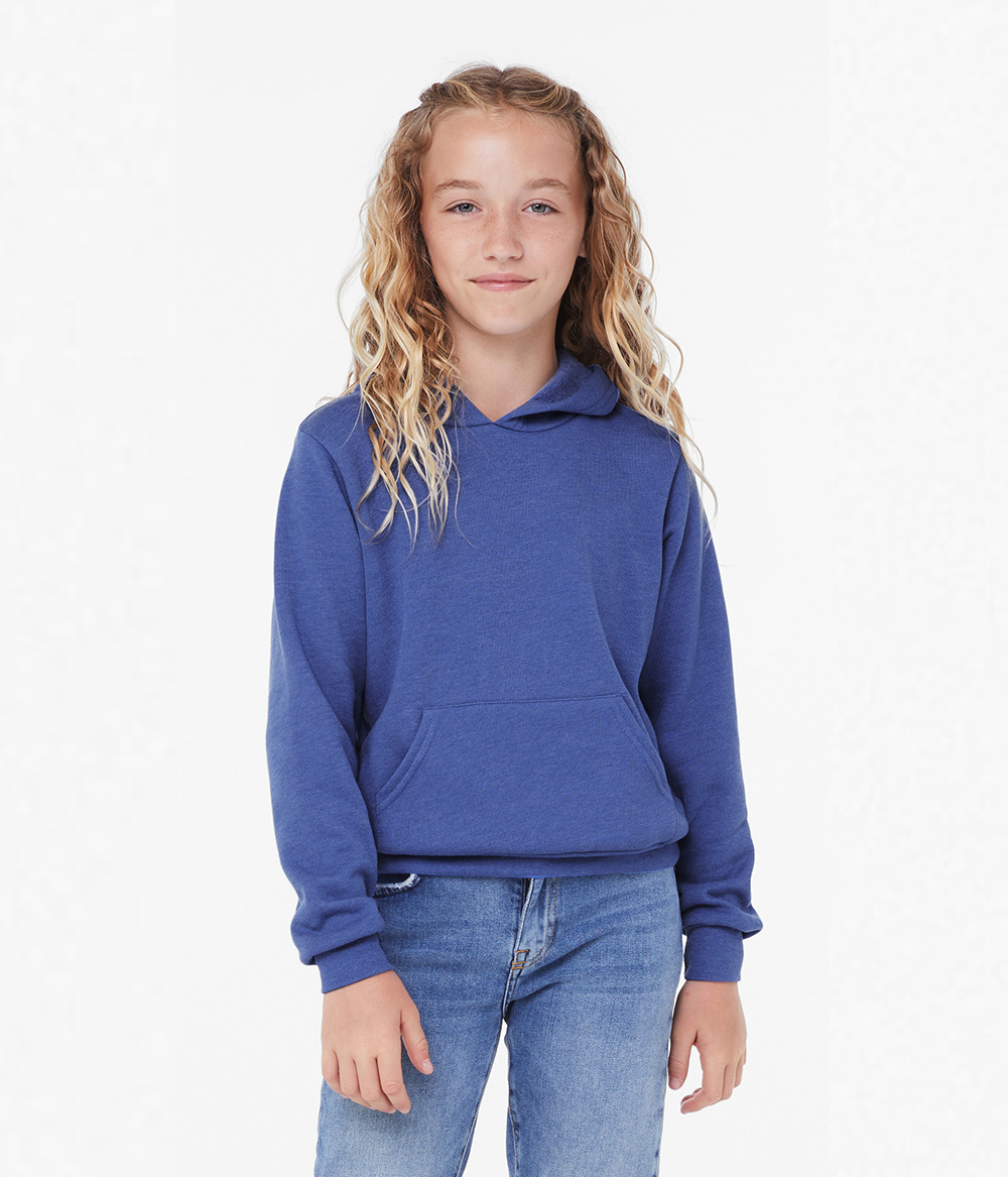 Bella + Canvas 3719Y Youth Sponge Fleece Hoodie Sweatshirt in Heather True Royal Blue size Large B3719Y, BC3719Y