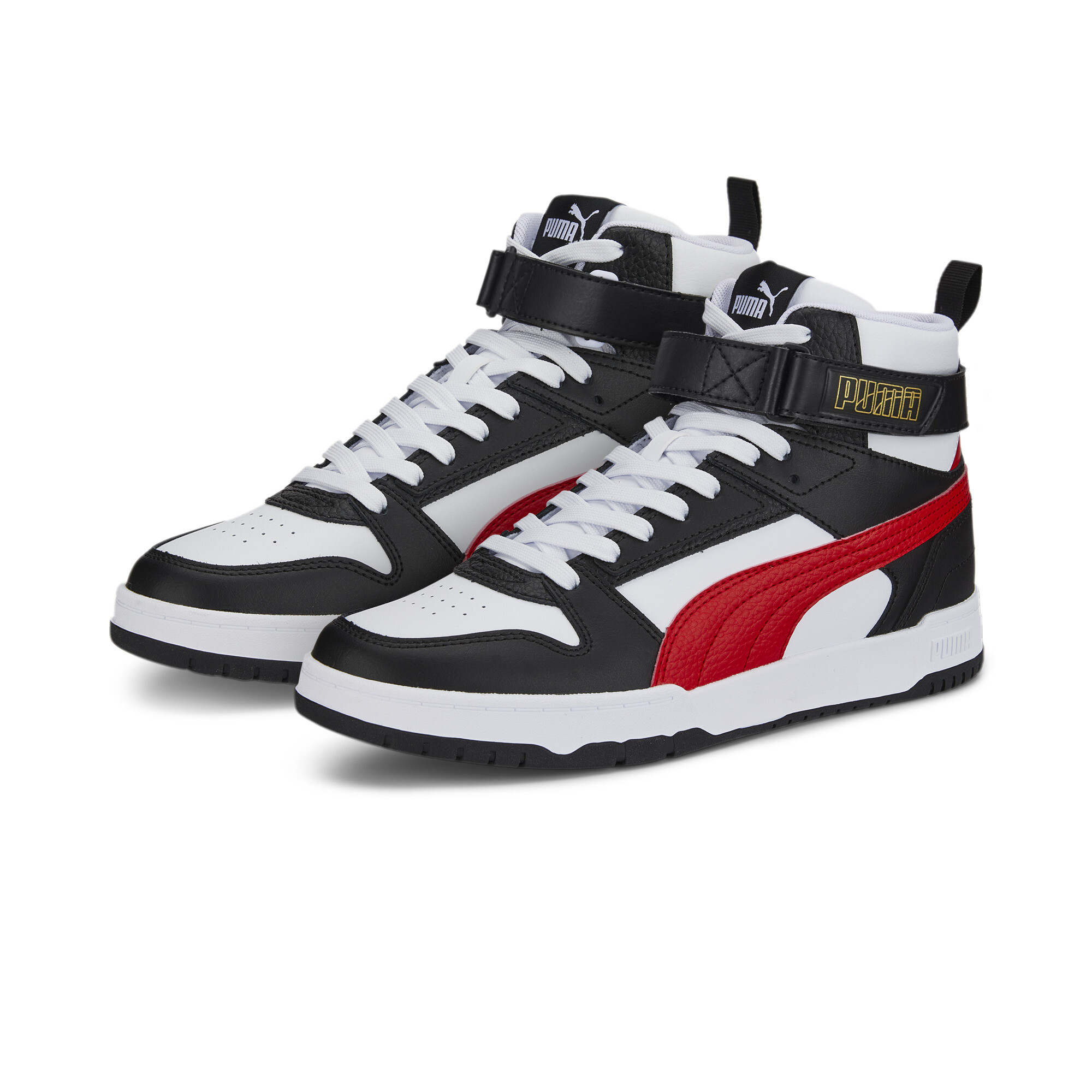 Sneaker PUMA "RBD GAME", Damen, Gr. 44,5, bunt (puma weiß, high risk rot, puma schwarz, puma team gold), Leder, Synthetik, Schuhe Sneaker