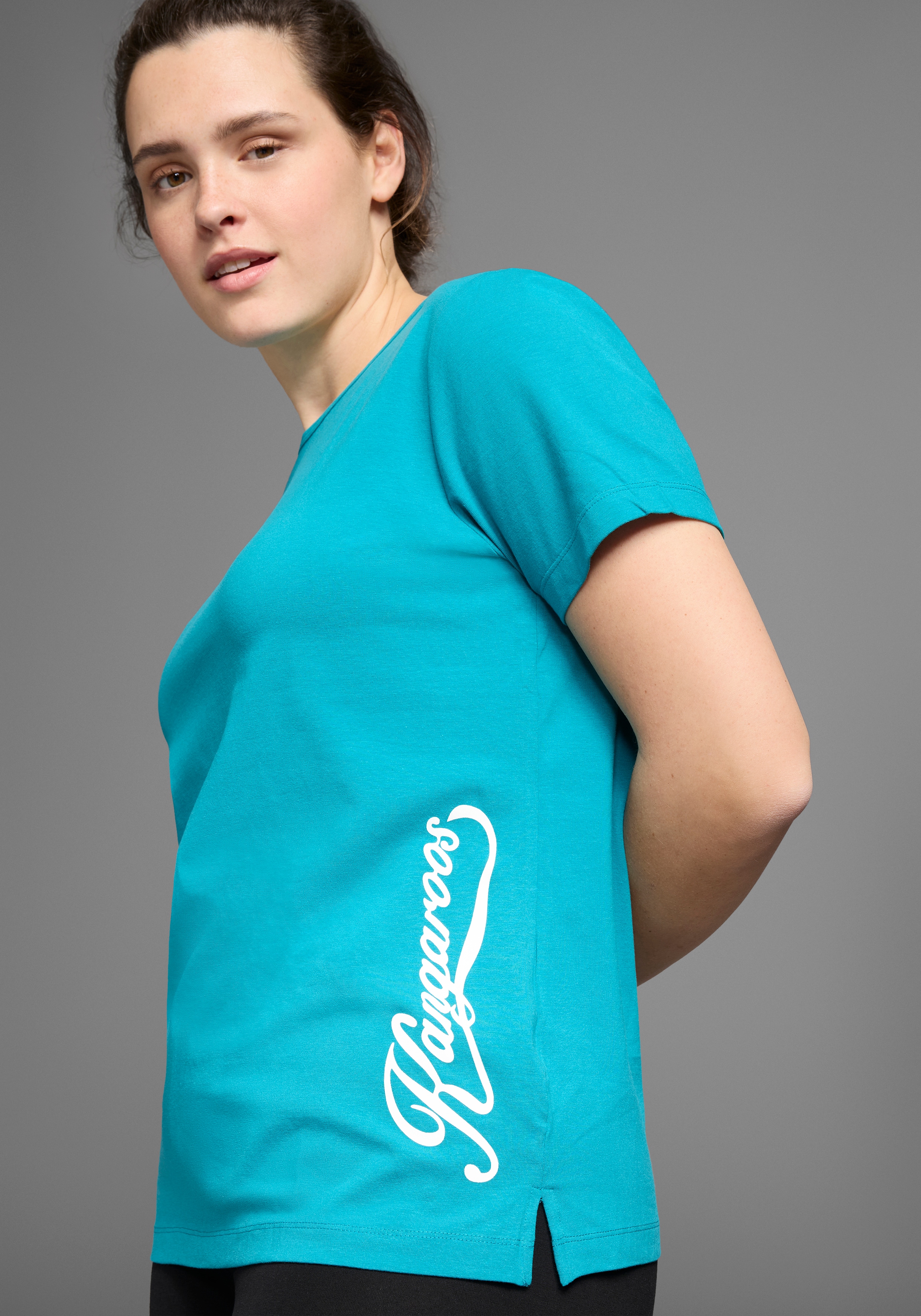 T-Shirt KANGAROOS, Damen, Gr. 56/58, blau (türkis), Obermaterial: 95% Baumwolle, 5% Elasthan, unifarben, figurumspielend hüftbedeckend, Rundhals, Shirts T-Shirt, Kurzarm, casual, unifarben, große Größen