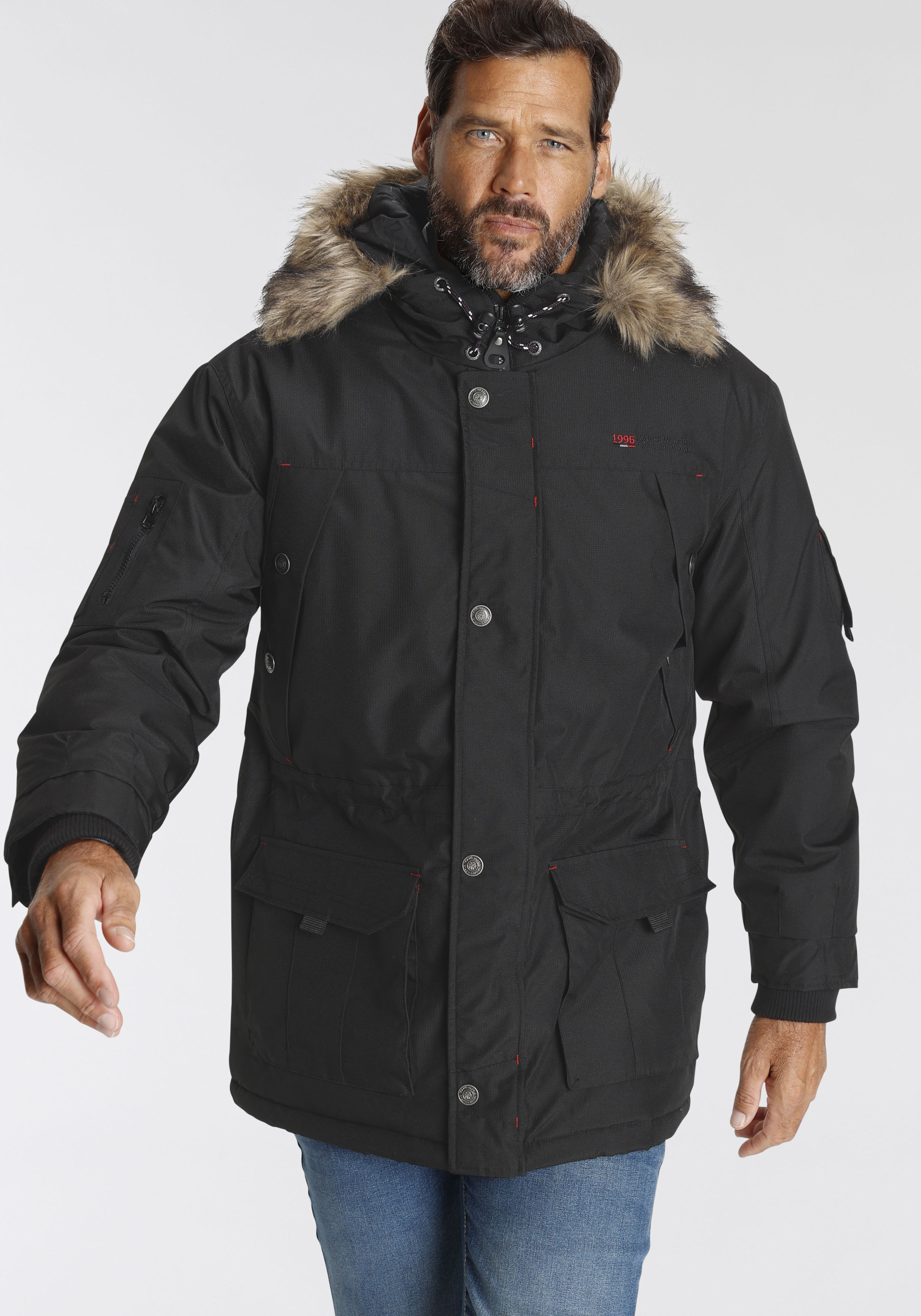 Parka MAN'S WORLD, Herren, Gr. M (48/50), schwarz, Obermaterial: 100% Polyester. Besatz: 80% Polyacryl, 20% Polyester. Bündchen: 100% Polyester. Futter: 100% Polyester. Wattierung: 100% Polyester, normal, Strickbündchen mit Klettverschluss, Jacken...