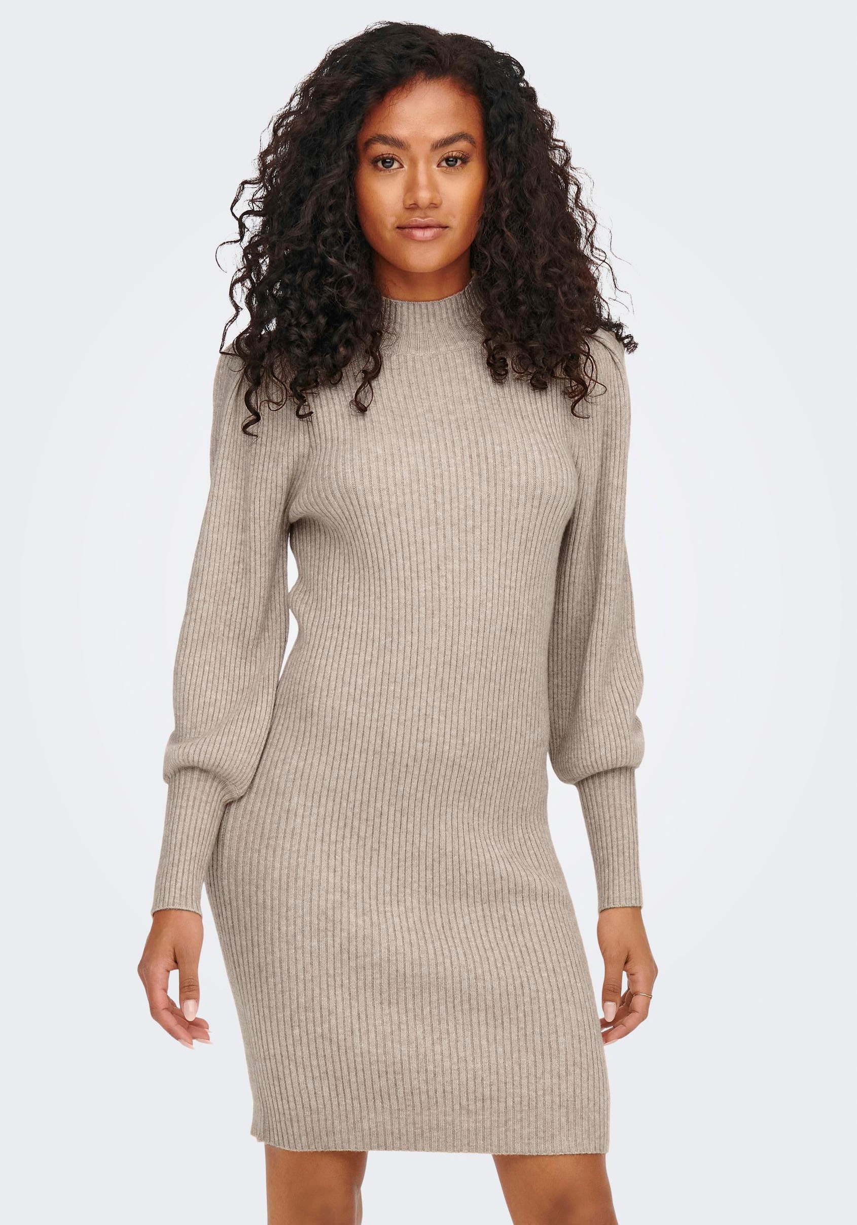 Strickkleid ONLY "ONLKATIA L/S DRESS KNT NOOS", Damen, Gr. S, N-Gr, beige (mocha meringue melange), Strick, Obermaterial: 50% Viskose, 27% Nylon, 23% Polyester, meliert, regular fit ca. Mitte Oberschenkel, Puffärmel Rippbündchen, Kleider Strickkleid