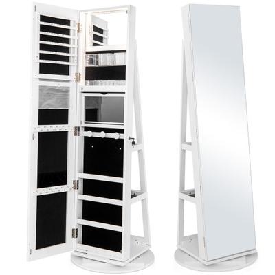 Costway 360° Rotating Mirrored Jewelry Cabinet Armoire 3 Color LED Modes Lockable-White