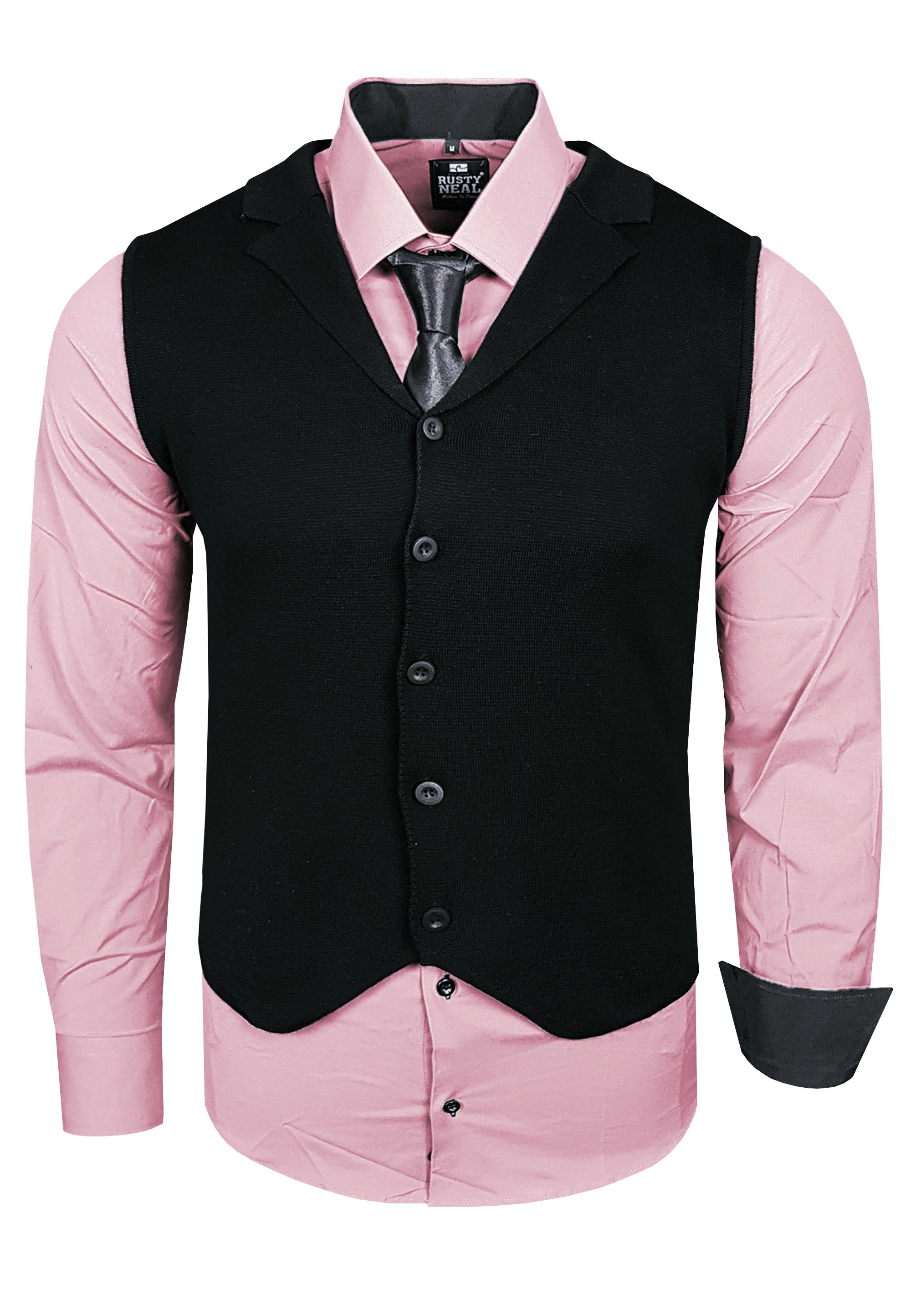 Langarmhemd RUSTY NEAL, Herren, Gr. XXL, EURO-Größen, rosa, 60% Baumwolle, 37% Polyester, 3% Elasthan, mehrfarbig, ohne Ausschnitt, Hemden, bestehend aus Hemd, Weste und Krawatte