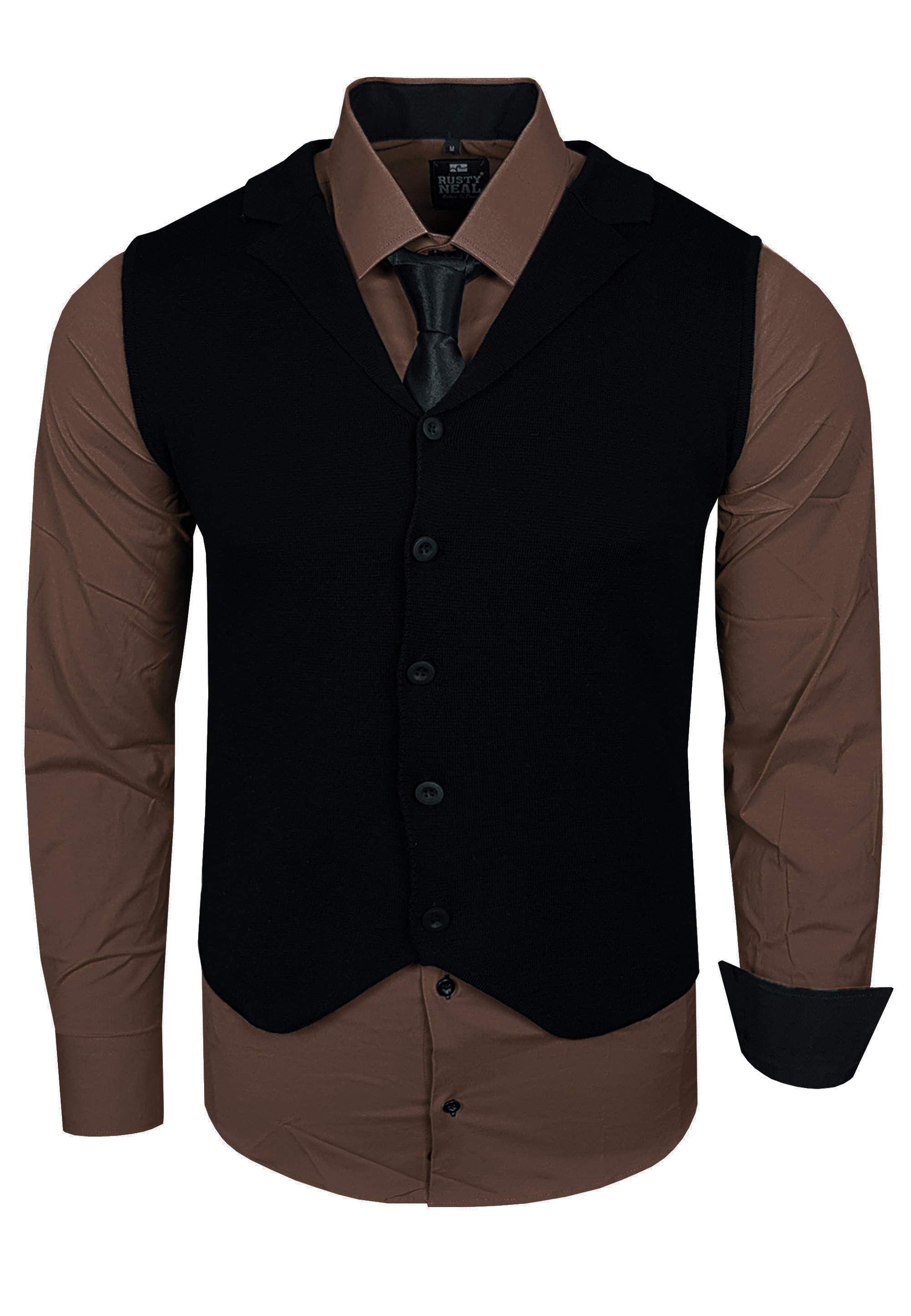 Langarmhemd RUSTY NEAL, Herren, Gr. S, EURO-Größen, braun, 60% Baumwolle, 37% Polyester, 3% Elasthan, mehrfarbig, ohne Ausschnitt, Hemden, bestehend aus Hemd, Weste und Krawatte