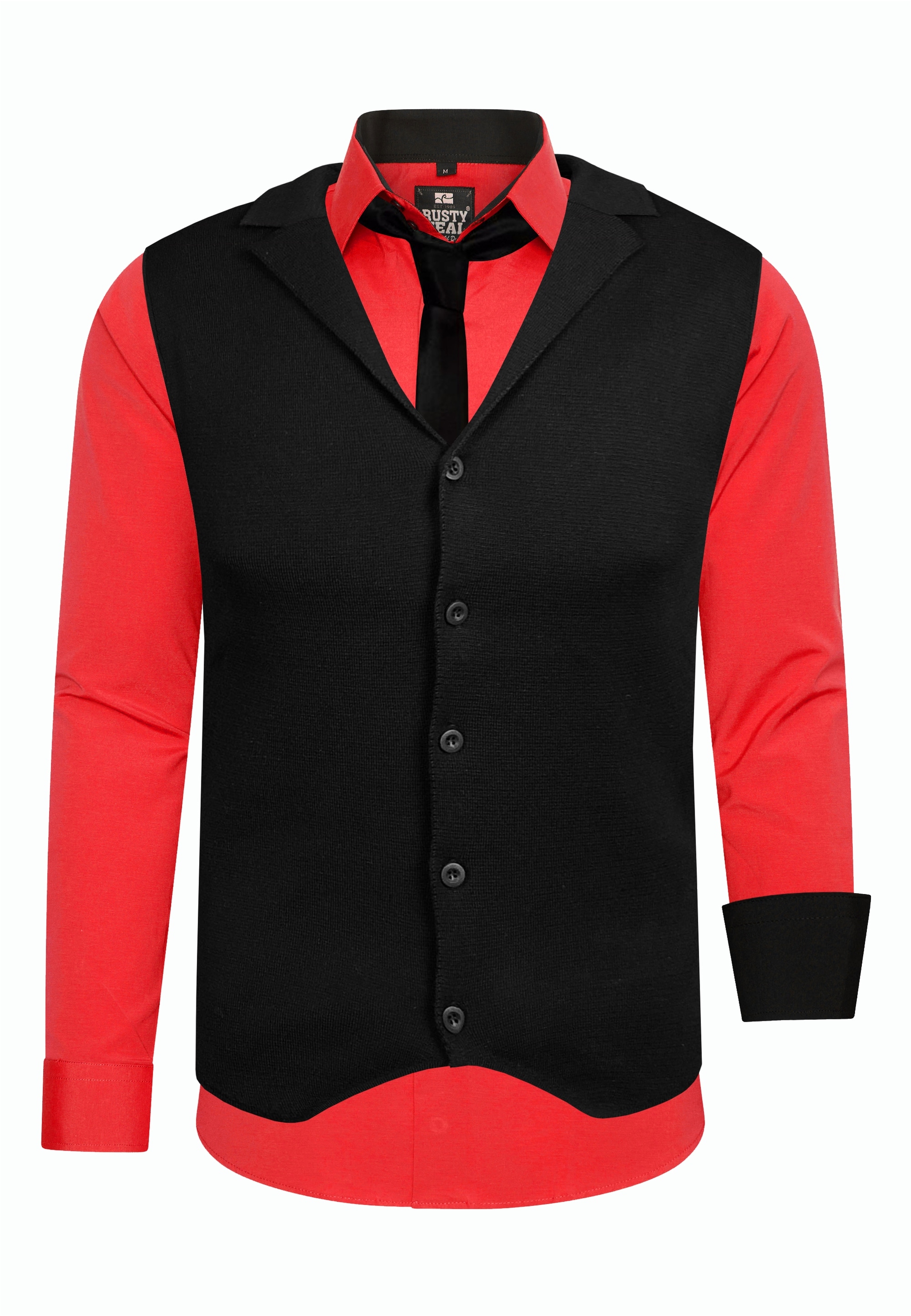 Langarmhemd RUSTY NEAL, Herren, Gr. 5XL, EURO-Größen, rot, 60% Baumwolle, 37% Polyester, 3% Elasthan, mehrfarbig, ohne Ausschnitt, Hemden, bestehend aus Hemd, Weste und Krawatte