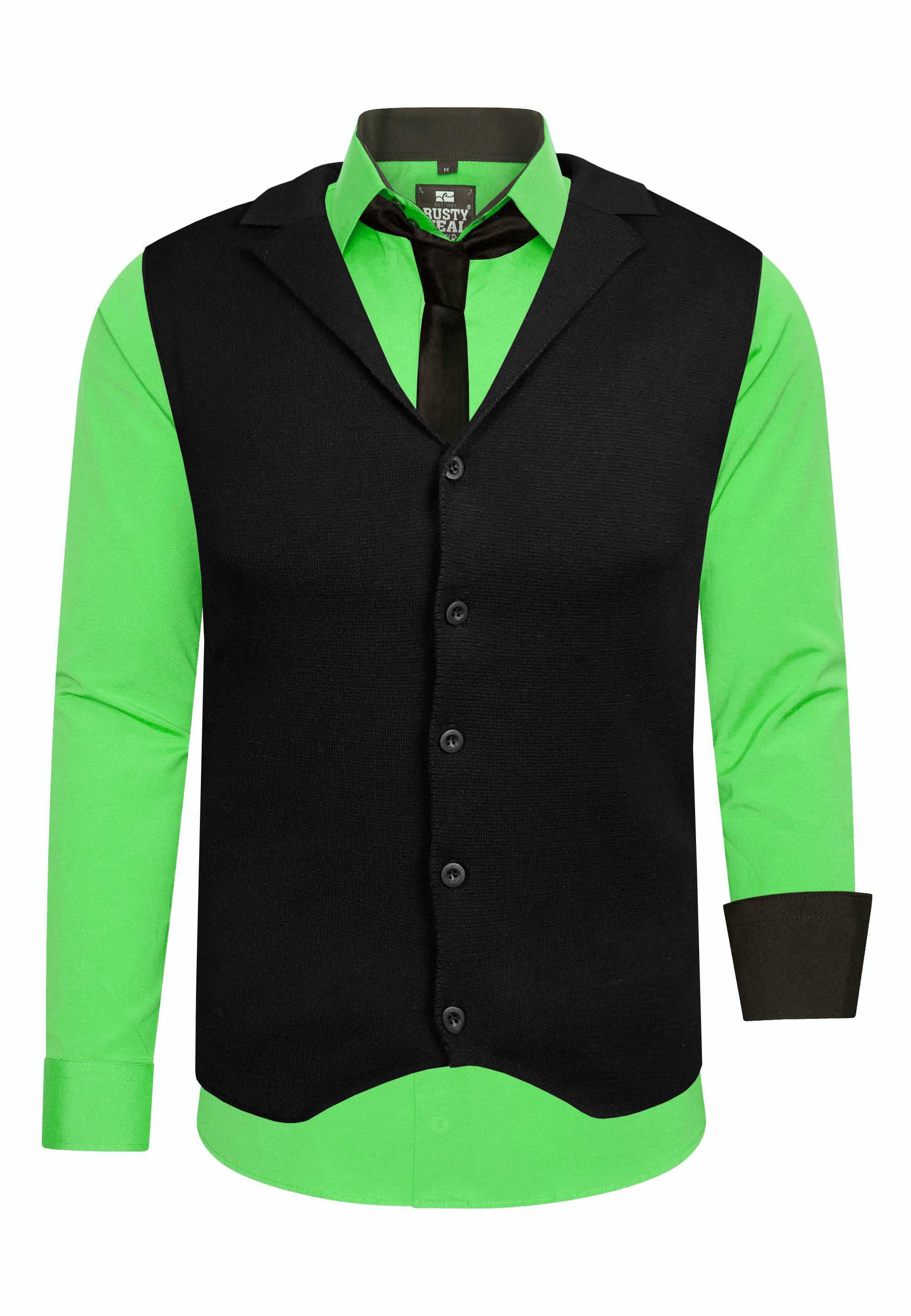 Langarmhemd RUSTY NEAL, Herren, Gr. M, EURO-Größen, grün, 60% Baumwolle, 37% Polyester, 3% Elasthan, mehrfarbig, ohne Ausschnitt, Hemden, bestehend aus Hemd, Weste und Krawatte