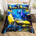 Yellow Racing Car Duvet Cover Set Boys Race Car Bedding Set for Kids Boys Girls Speed Sports Car Comforter Cover Extreme Sports Quilt Cover 1 Duvet Cover with 2 Pillowcases Double Size