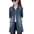 MIVY Jackets For Women Uk, Women'S Long Denim Jacket Vintage Flower Embroidery Long Sleeve Button Bomber Jean Jacket Fashion Elegant Slim Denim Windbreaker Coat Autumn Transition Casual Outwear,Xl