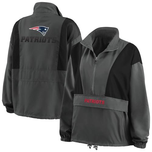 Damenbekleidung von Erin Andrews, anthrazitfarbene, verstaubare Popover-Jacke der New England Patriots mit halbem Reißverschluss