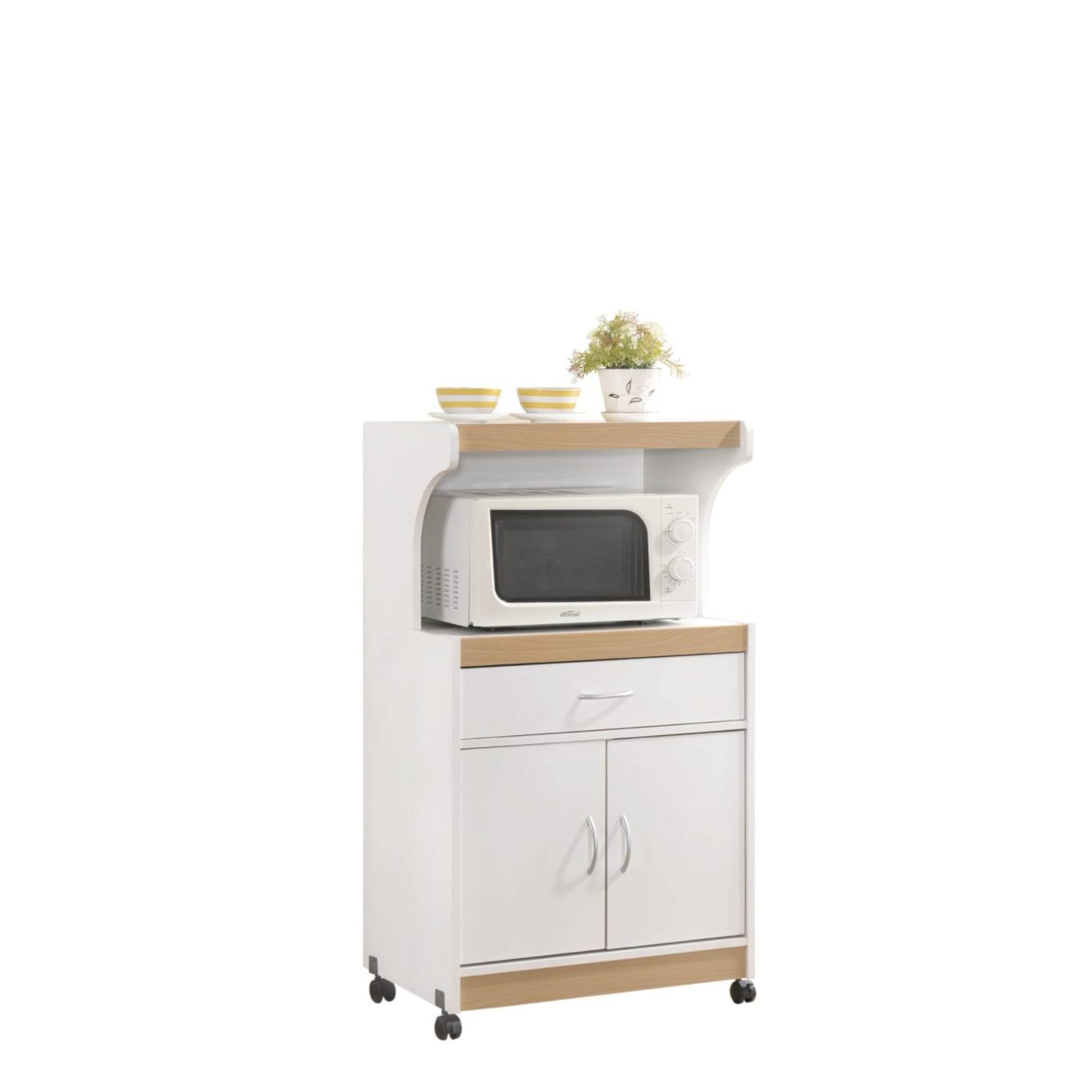 45" White and Beige Solid Microwave Kitchen Cart