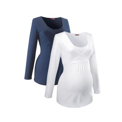 Umstandsshirt NEUN MONATE "2er Pack Shirts für Schwangerschaft und Stillzeit", Damen, Gr. 44/46, blau (marine, weiß), Jersey, Obermaterial: 95% Baumwolle, 5% Elasthan, unifarben, Basic, Basic, V-Ausschnitt, Langarm, Shirts, Langarm, Basic-Schnitt,... Image