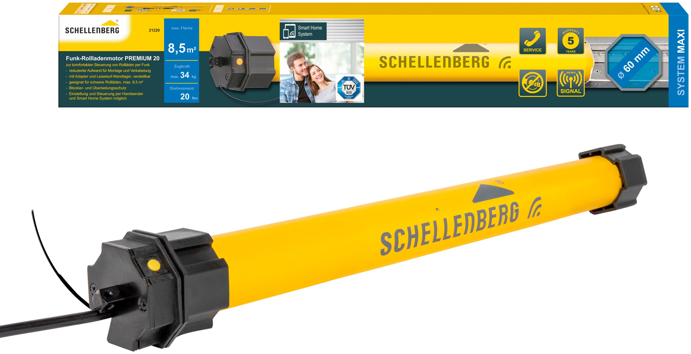 Rollladenmotor SCHELLENBERG "Premium, Rohrmotor mit Funk Endlageneinstellung", gelb, B:6,5cm L:55,5cm Ø:4,5cm, Kunststoff, Stahl, Rollladenmotoren, geeignet für 60 mm Rollladenwellen, Maxi, 20 Nm, Zugkraft 34 kg