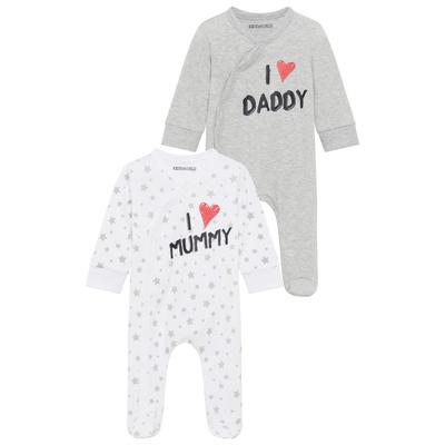 Schlafoverall KIDSWORLD "2er Schlafoveralls: I love Mummy / I love Daddy", Baby, Gr. 50/56, N-Gr, grau (weiß, grau, meliert), Interlock, Obermaterial: 100% Baumwolle. Obermaterial Melange: 95% Baumwolle, 5% Viskose, bedruckt, Basic, Basic, Rundhals,...