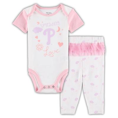 "Newborn & Infant White/Pink Philadelphia Phillies Spreading Love Bodysuit Tutu with Leggings Set"