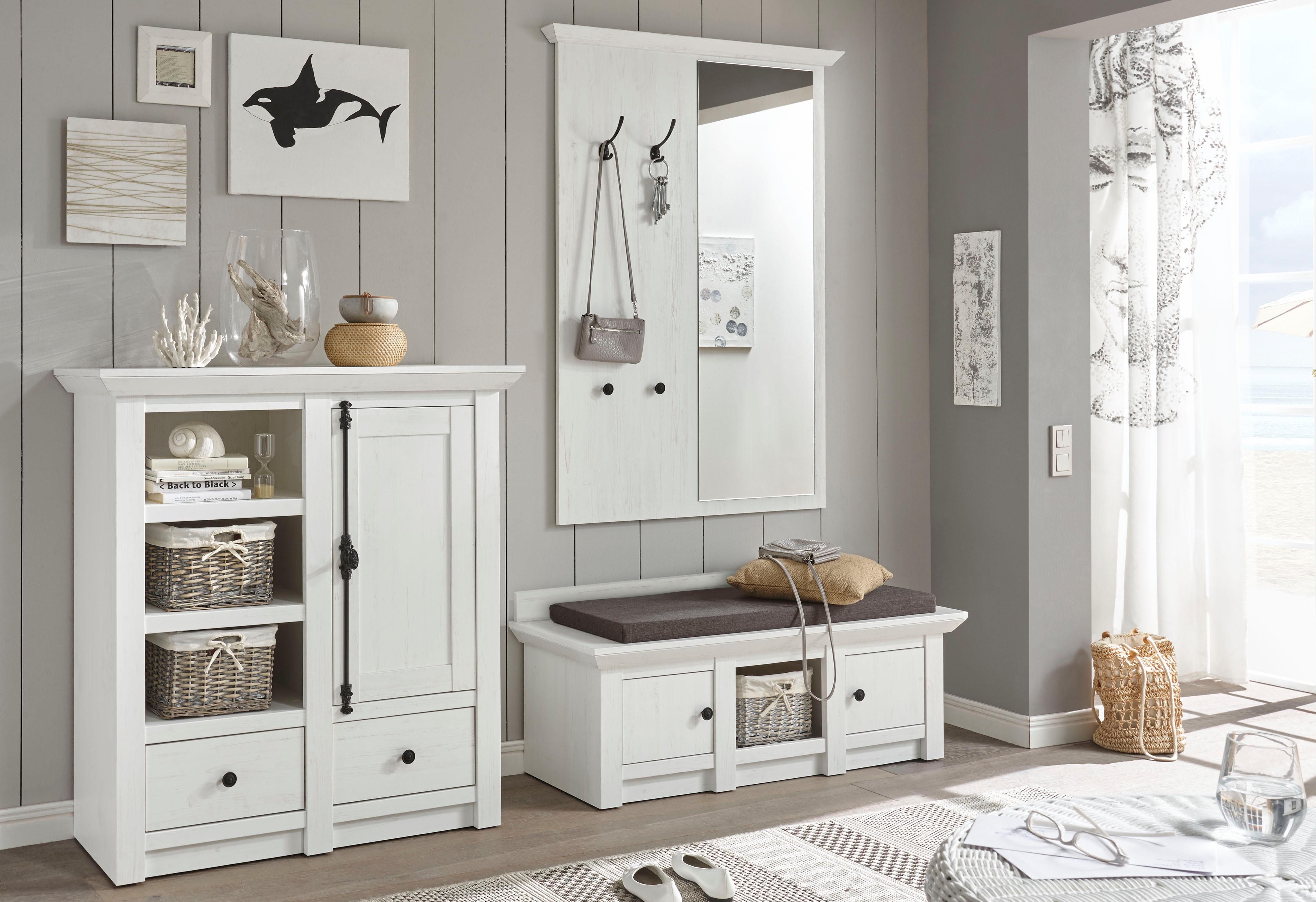 Garderoben-Set HOME AFFAIRE "California, Komplettset im Landhausstil, moderne Garderobe", weiß, B:239cm, Kastenmöbel-Sets, enthält Sitzbank, Paneel mit Spiegel und Kommode, 239 cm breit Image