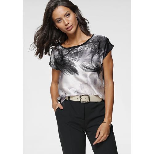 Shirtbluse LAURA SCOTT Gr. 38, schwarz (beige, schwarz, bedruckt (shirt aus nachhaltigem material)) Damen Blusen kurzarm in modischem Materialmix