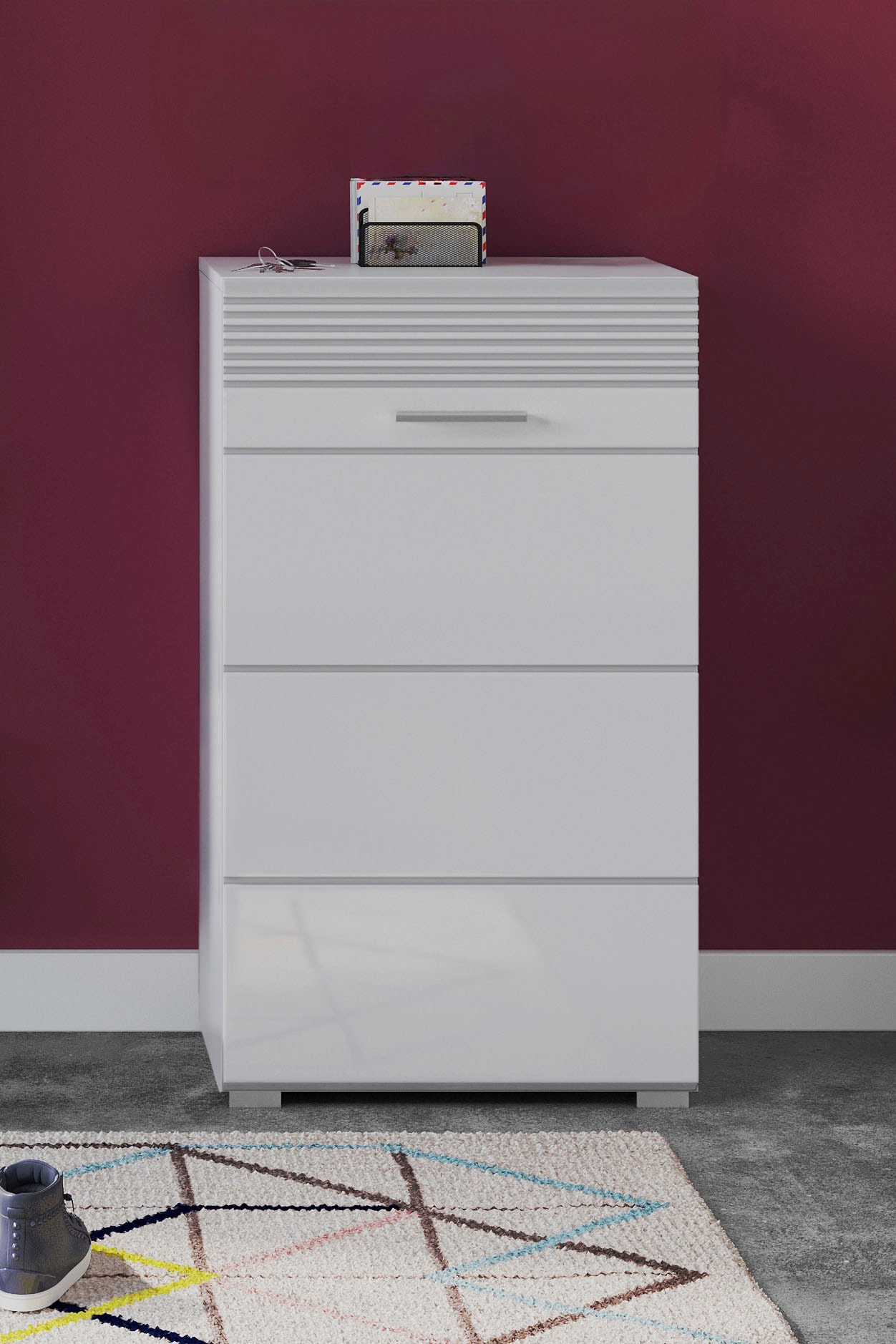 Schuhkommode HOME AFFAIRE "Malmö, Breite 60 cm, 1 Tür, 5 Fächer, hochwertige MDF Front", weiß (weiß nb, weiß hochglanz tz), B:55cm H:96cm T:37cm, FSC-zertifizierter Holzwerkstoff, Sideboards, Schuhkommode, Rillenfräsung, Anrichte, Schrank, Kommode,...