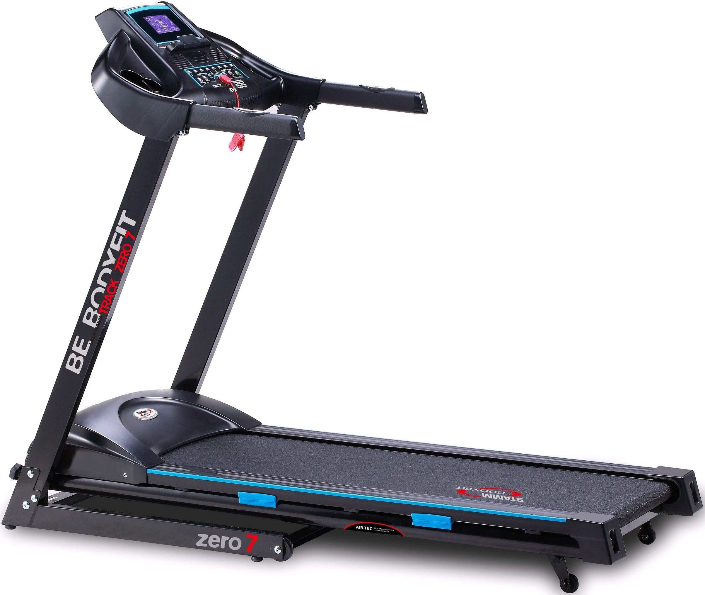 Laufband STAMM BODYFIT "Track Zero7", schwarz (schwarz, blau), LaufbänderB:71,5cm H:126,5cm L:159cm, bis max. 16 km/h, klappbar, mit Steigung, 110 kg max. Benutzergewicht, B:71,5cm H:126,5cm L:159cm