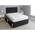 Crushed Velvet Chesterfield Divan Bed with Matching Footboard and Memory Foam Spring Mattress (Black, 5FT - 2 Drawers Foot End)