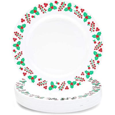 Christmas Party Plates, Reusable Party Supplies, Holly and Mistletoe Design (9 In, 24 Pack)