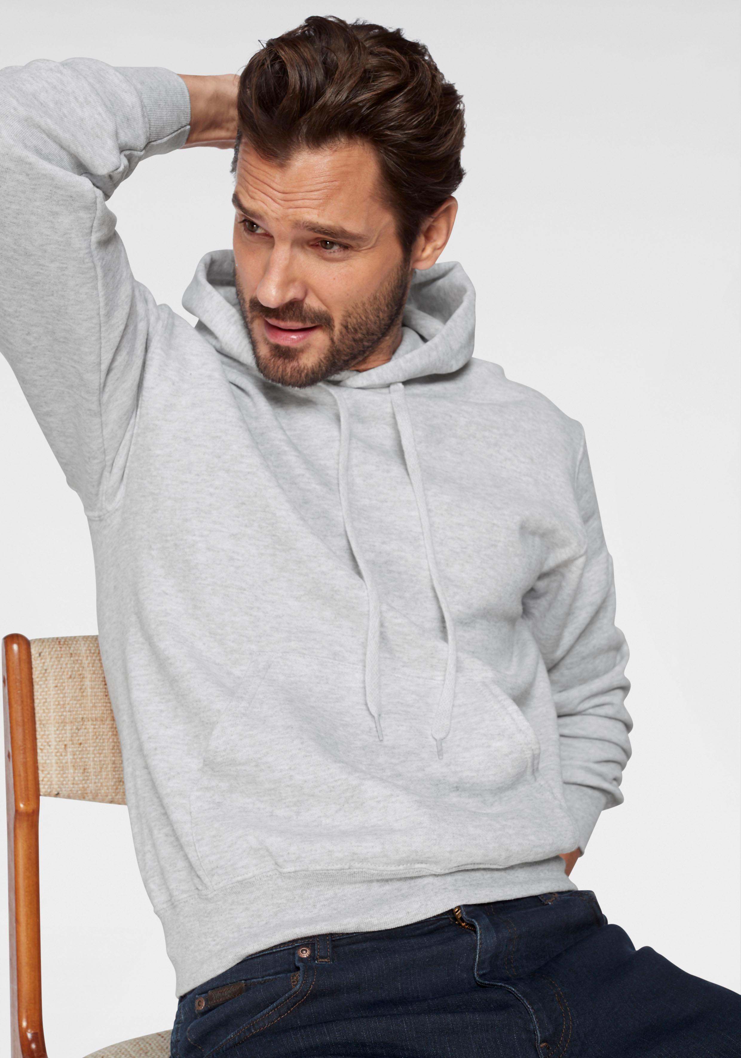 Kapuzensweatshirt FRUIT OF THE LOOM, Herren, Gr. XL (52/54), grau (hellgrau, meliert), angeraute Sweatware, Obermaterial: 80% Baumwolle, 20% Polyester, meliert, normal hüftbedeckend, Rundhals, Rippbündchen, Sweatshirts, mit Kängurutasche Image