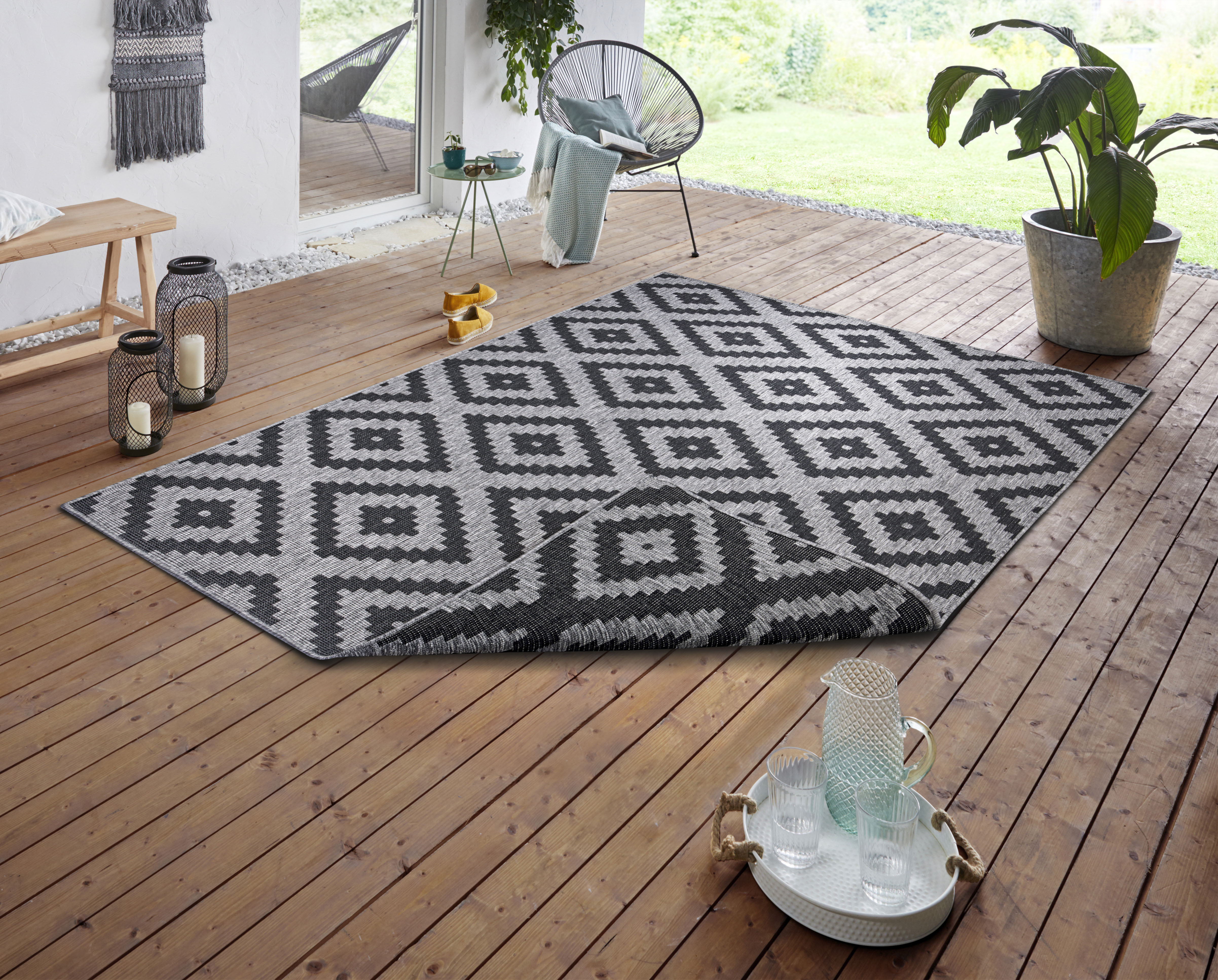 Teppich HANSE HOME "Malta Wendeteppich", blau (nachtblau, silberfarben), B:240cm H:5mm L:340cm, Kunstfaser, Teppiche, In-& Outdoor, Wetterfest, Balkon, Terrasse, Raute, Läufer, Wohnzimmer Image
