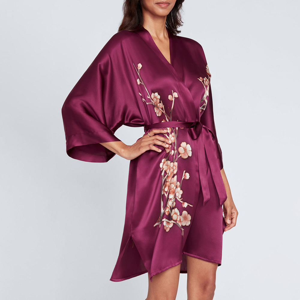 KIM+ONO Kimono Robe | Silk Handpainted Cherry Blossom Short Kimono Robe | Silk | Wine | Short