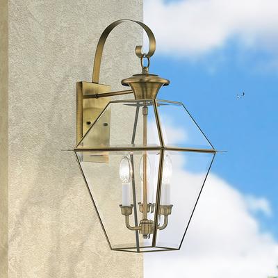3 Light Antique Brass Outdoor Wall Lantern