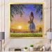 Winston Porter Young Girl Holding Flowers in Countryside Sunset - Painting Canvas in Blue/Green/Yellow | 30 H x 30 W x 1 D in | Wayfair