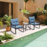 Ebern Designs 3-piece-set Bistro Set Patio Set Outdoor Furniture w/ 2 Wicker-top Rocking Chairs Going w/ Cobalt Blue Cushions & 1 Glass-to Metal | Wayfair