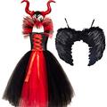 IMEKIS Kid Girls Princess Maleficent Costume Fancy Witch Evil Queen Dress Up Handmade Knitted Tulle Dress with Horn and Wings Devil Witch Halloween Carnival Cosplay Party Outfit Red 10-12 Years