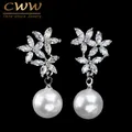 CWWZircons – boucles d'oreilles en cristal CZ couleur argent goutte blanche fausses perles avec