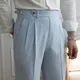 Seersucker-Pantalon droit taille haute à rayures bleues style décontracté italien petite