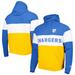 Men's New Era Gold/Powder Blue Los Angeles Chargers Colorblock Throwback Pullover Hoodie