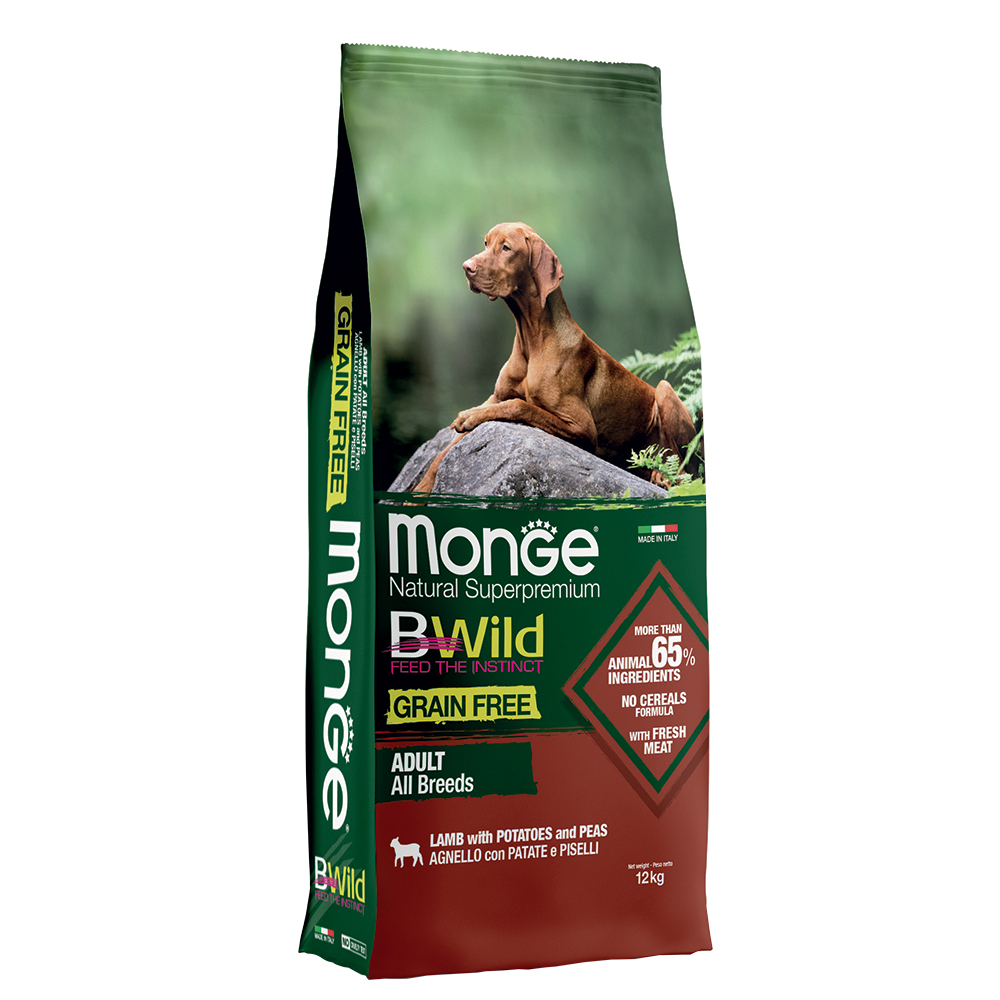 2 x 12 kg Monge Superpremium Crocchette cane - BWild Grain Free All Breeds Agnello con Patate e Piselli