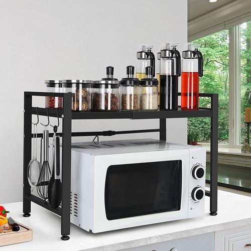 Ausziehbares Mikrowellenregal – Küchenregal mit 3 Haken, 48 x 32 x 40–60 cm