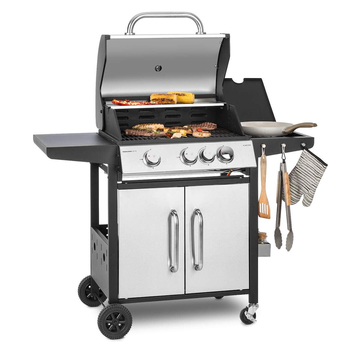 Klarstein Tomahawk 3.1 S Gasgrill 3x3,6kW Brenner+2,7 kW 60x45cm Grill Edelstahl Silber Image