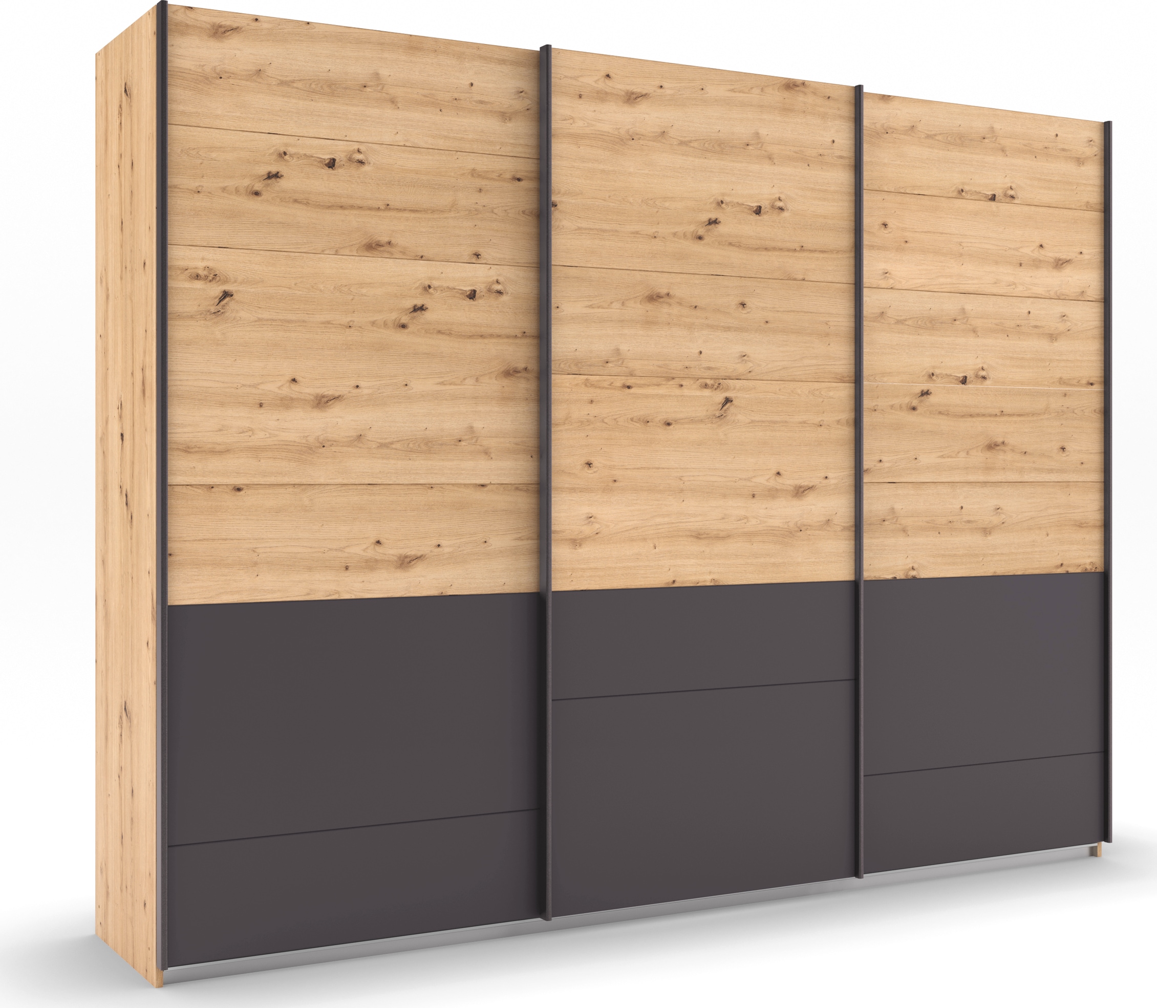 Schwebetürenschrank RAUCH "Bilbao-Extra", grau (graumetallic, eiche artisan), B:271cm H:210cm T:62cm, Holzwerkstoff, Schränke, Schwebetürenschrank