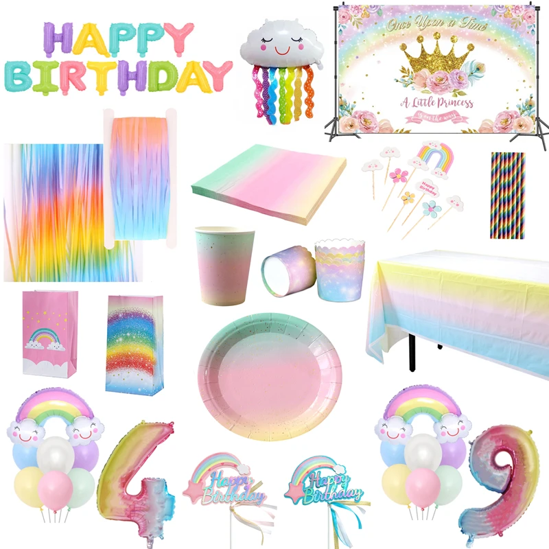 Décorations de fête d'anniversaire arc-en-ciel, vaisselle jetable, assiettes en papier, gobelets, serviettes, ballons arc-en-ciel, fournitures de fête arc-en-ciel pour filles