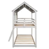 Twin over Twin Size Low Bunk Beds with Roof and Fence-shaped Guardrail