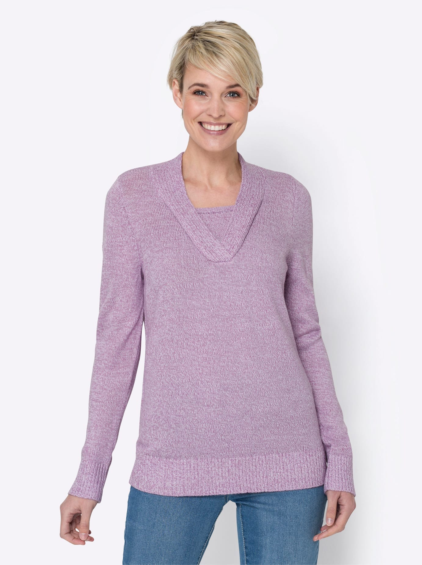 2-in-1-Pullover CLASSIC BASICS "Pullover", Damen, Gr. 40, lila (orchidee, meliert), 100% Polyacryl, meliert, Pullover