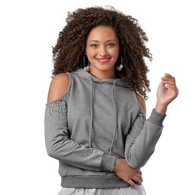 K Jordan Cold Shoulder Rhinestone Hoodie (Size 2X) Heather Grey, Cotton,Polyester