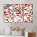 Winston Porter Butterflies w/ Seamless Floral Pattern - Floral Framed Canvas Wall Art Set Of 3 Metal in Green/Pink/White | Wayfair