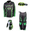 Wulf Linear Kids Motocross Race Suit & Stratos Gloves & Goggles Children Motorbike Motorcycle Off Road MX Set - Green : 8-10 years - GLOVES : 2XS
