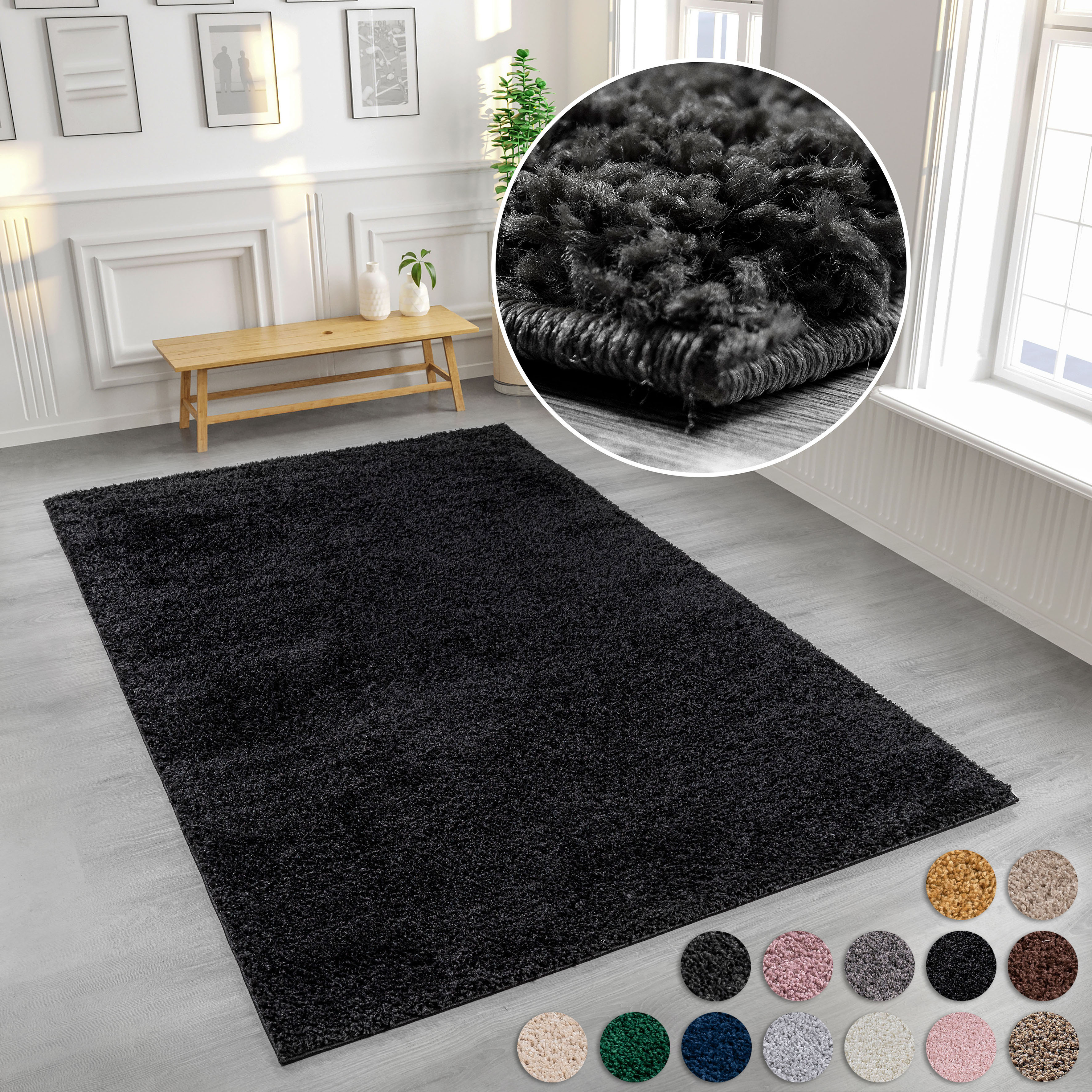 Hochflor-Teppich MY HOME "Viva" Gr. 6, schwarz, B:200cm H:45mm L:290cm, Kunstfaser, Teppiche, Uni Farben, einfarbig, besonders weich und kuschelig, Kundenliebling Image