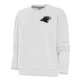 Women's Antigua White Carolina Panthers Metallic Logo Victory Crewneck Pullover Sweatshirt